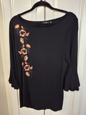 Apt. 9 Black Top with Orange Floral Embroidery Down Front